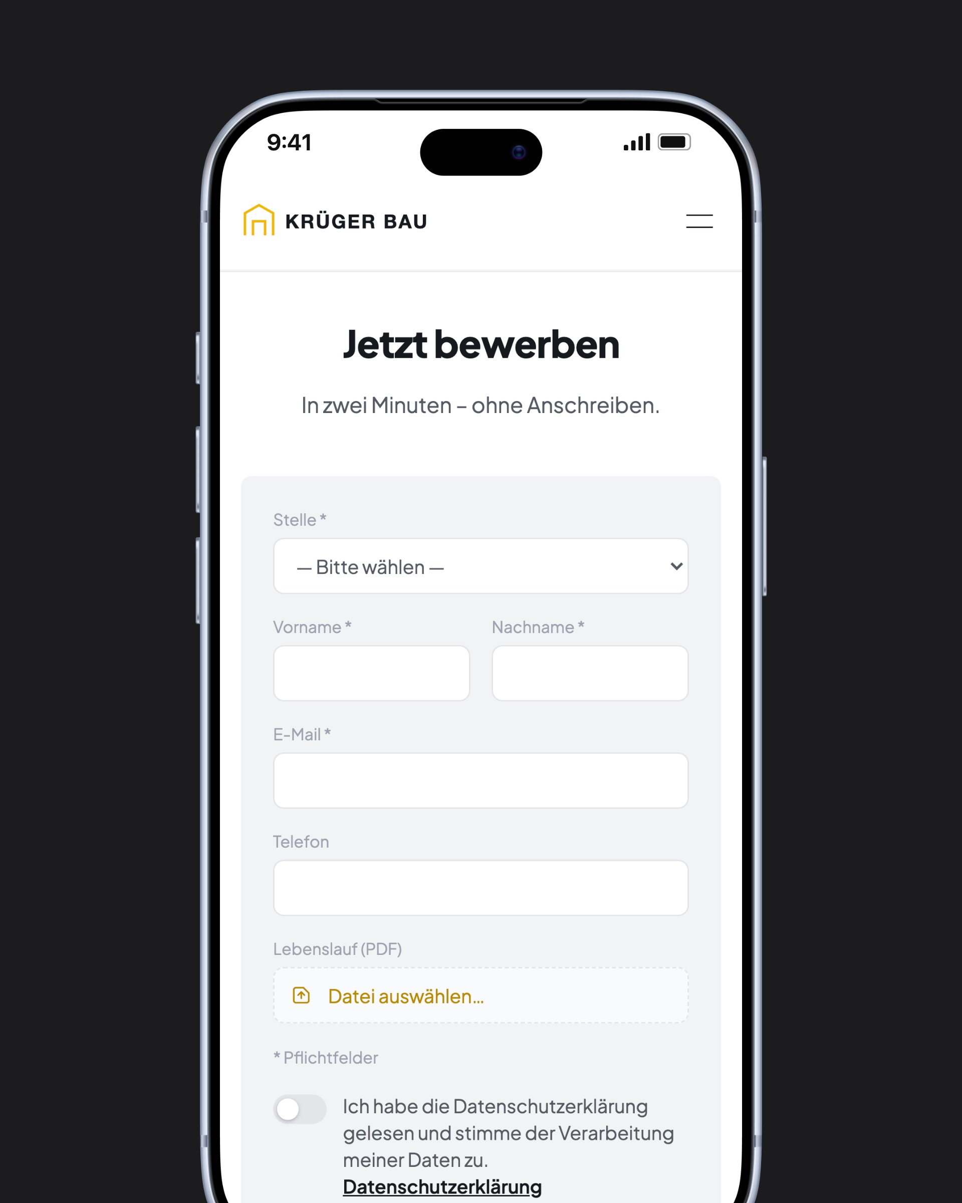 Bewerbungsformular eines Bauunternehmens auf dem iPhone