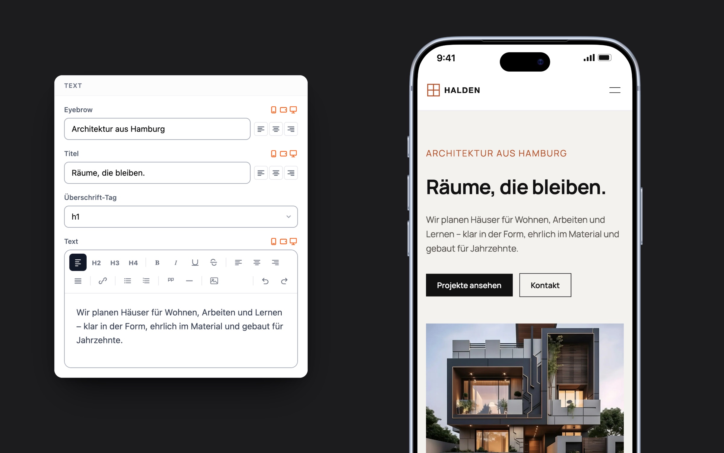 Textfelder im Editor und Architektur-Website auf dem iPhone