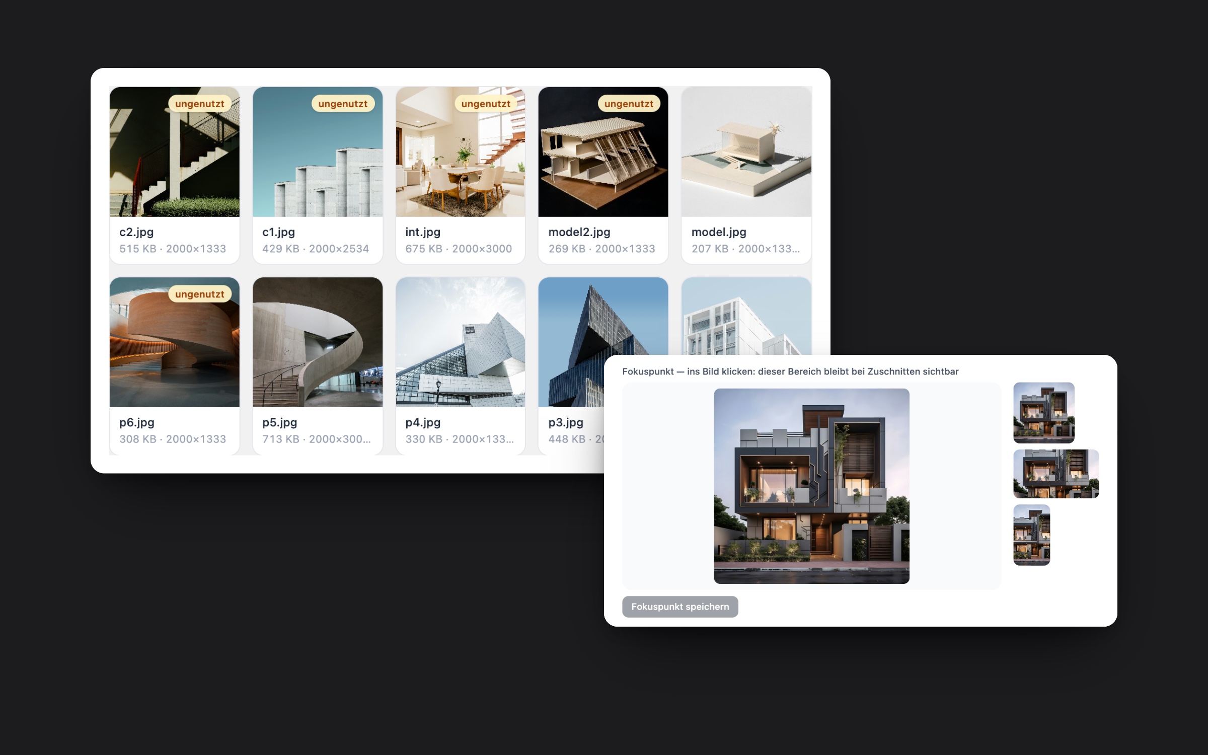 Mediathek mit Architekturfotos und Fokuspunkt
