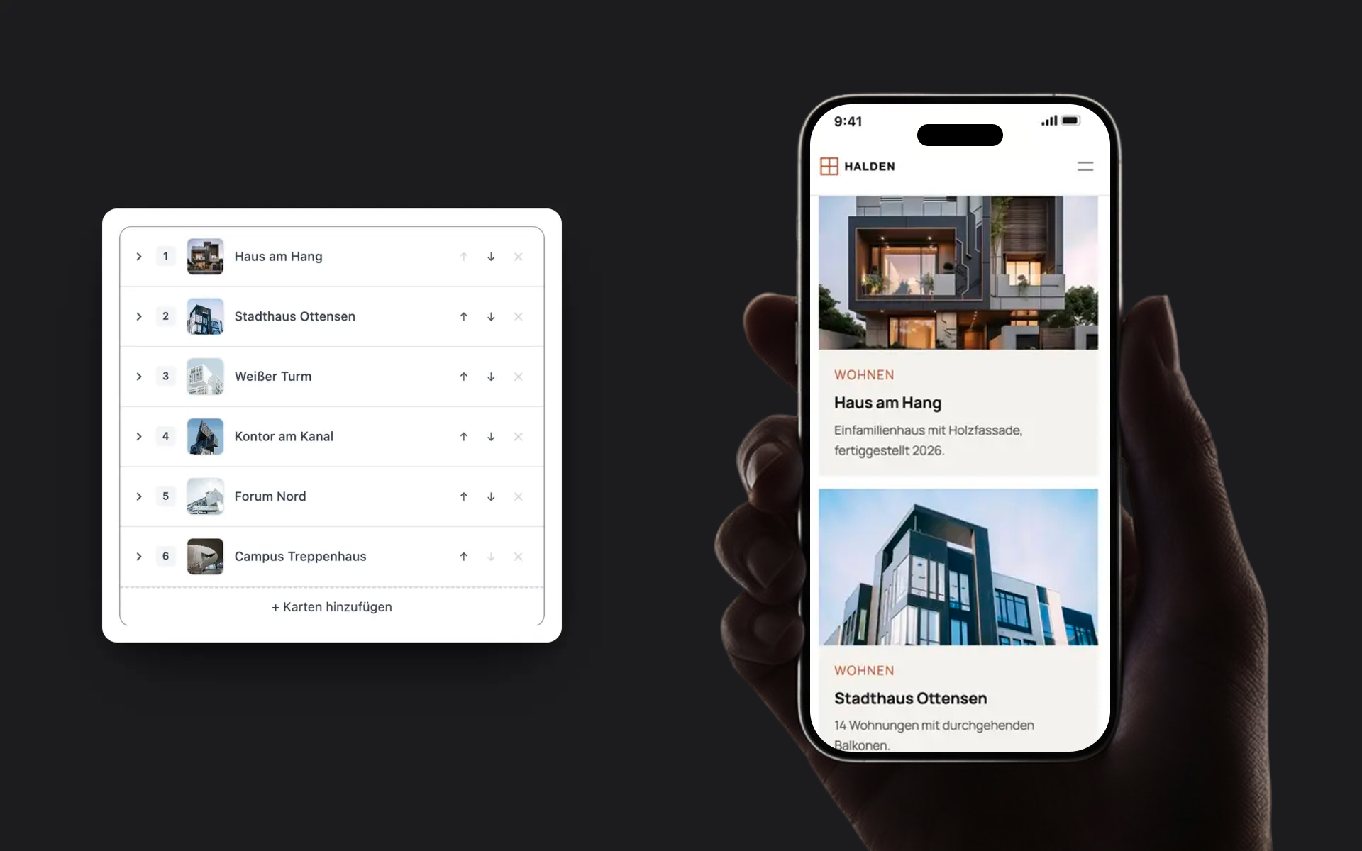 Projektliste im Editor und Projekte auf dem Smartphone